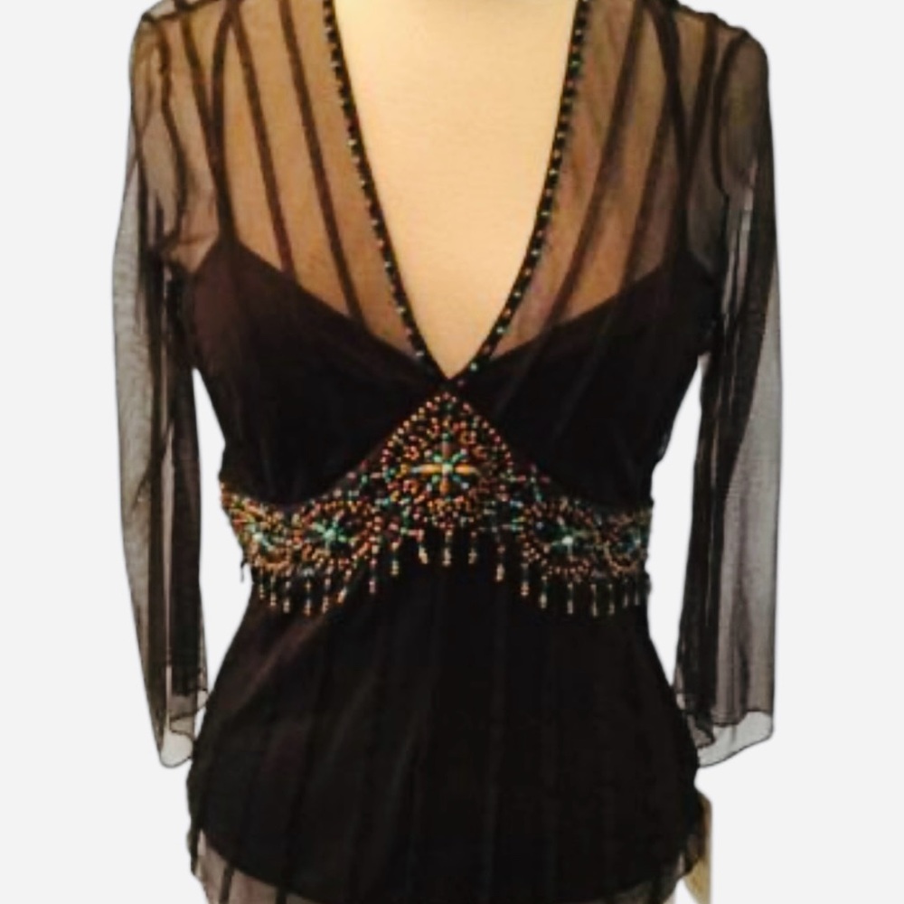 Elegant Dark Chocolate Sheer Beaded Women's Top 6